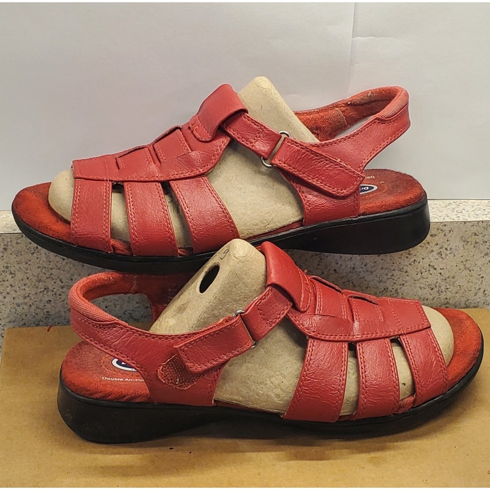 DR SCHOLLS Red Strappy Leather Open Toe Sandals 8 1/2M Hook & Loop Slingback